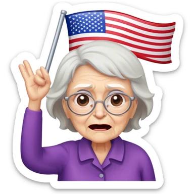 Old woman angrily waving upside down American flag sticker