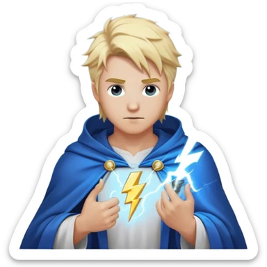 god with lightning, blond, in a blue cloak and white T-shirt. Holds lightning in his hand on his shoulder that glows with a white-blue light sticker