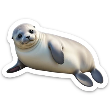 cinematic-seal-realistic-full-body-lounging-emoji,-plump-sleek-body-stretched-out-on-a-rocky-shoreline,-short-smooth-fur-glinting-in-the-sea-breeze,-flippers-tucked-comfortably-beneath-its-body,-large-dark-eyes-filled-with-playful-curiosity,-whiskered-muzzle-lifted-slightly-as-if-smiling,-simplified-yet-realistic-focused-features,-highly-detailed,-glowing-with-a-refreshing-marine-radiance sticker