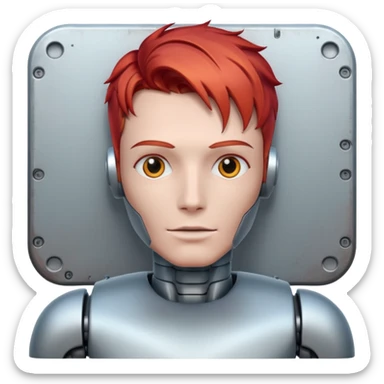 male robot with vibrant hair color and metalic face sticker