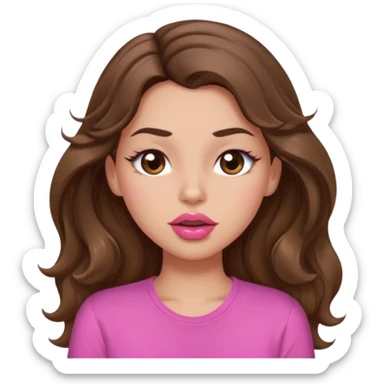 girl with long wavy brown hair, brown eyes, light to medium complexion, in a pink shirt, pink lips, long lashes, puckering lips kissing, winking with one eye sticker