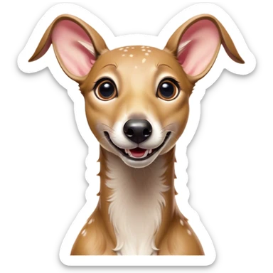 Cinematic Comical Fawn Greyhound Portrait Emoji, Head tilted dramatically with an exaggeratedly amused expression, featuring a striking fawn Fur with subtle elegance, wide, expressive eyes filled with playful disbelief, Simplified yet hilariously expressive features, highly detailed, glowing with a slightly sassy glow, high shine, dramatic yet playful, stylized with an air of cheeky charm, bright and endearing, soft glowing outline, capturing the essence of a spirited and over-the-top racer, so meme-worthy it feels like it could side-eye its way into internet fame instantly! sticker