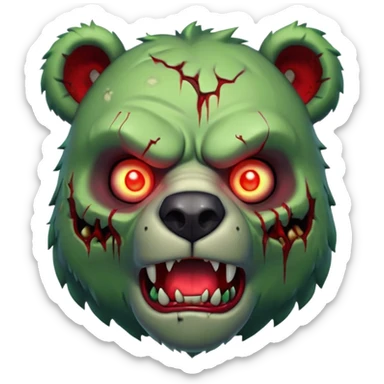 zombie bear portrait, head and shoulders only, cracked skin, stitched scars, glowing red-green eyes, powerful undead beast vibe, 3D cartoon, mobile game icon style, clean background, no text, no watermark
 sticker