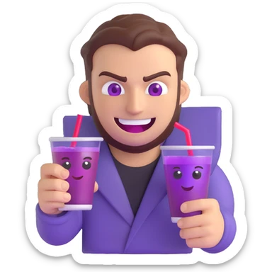 sharp, slanted angry eyes and a wide devious grin, holding a double cup of purple drank, 3D emoji style sticker