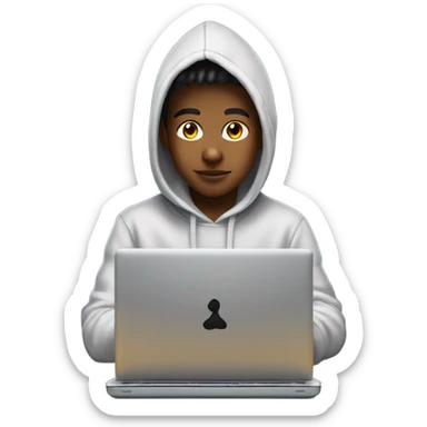 a 13 year old boy wearing a hoodie coding on a laptop with cool effects sticker