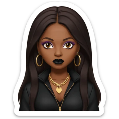 Foxy Brown, Rapper with dark brown long hair, black lip, black outfit sticker