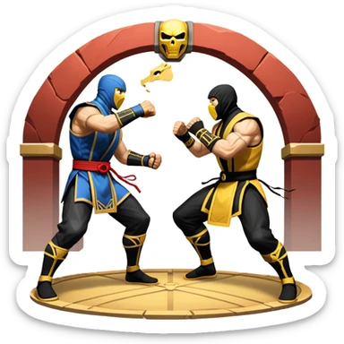 An icon showing two fighters in combat poses, inspired by Mortal Kombat. One character delivers a powerful kick, while the other blocks. The background features an iconic arena from the game with life bars at the top, symbolizing intense battles. Transparent background. sticker