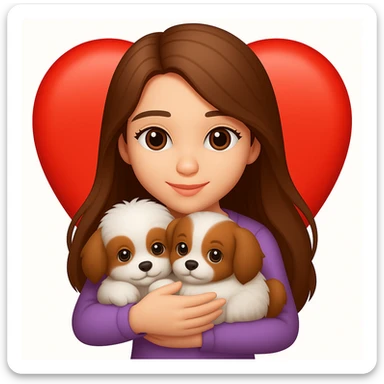 Add a heart background behind the girly girl with long hair cuddling a puppy in the style of emoji (apple style emojis). Keep the emoji style look and feel. sticker