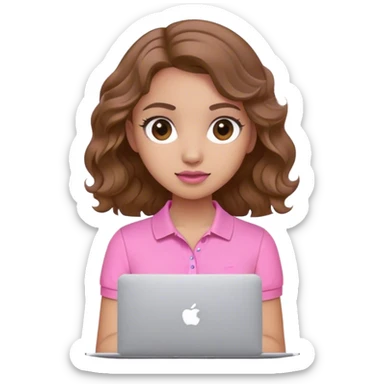 Chica cabello marrón ondulado, test trogueña, polo rosa y MacBook rosada  sticker