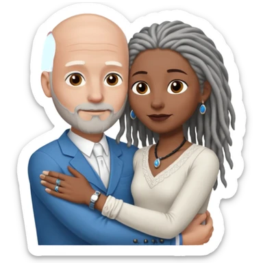 Tall bald white man with a short white beard and blue eyes in a lovingly embrace with a black woman with brown eyes and grey hair dreads sticker
