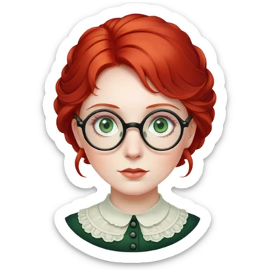 victorian lady with pale skin, green eyes and round glasses and red hair  sticker