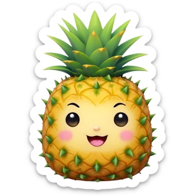 Cute Kawaii Pineapple, tiny and round, bright golden yellow with a spiky green top, chubby cheeks, playful winking expression, soft pastel textures, sweet and tropical vibes! sticker