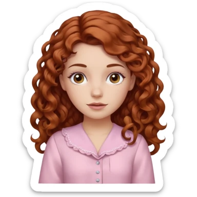 garota branca de cabelos longos cacheado partido ao meio castanho avermelhada com olhos castanhos e blusa rosa bebê sticker