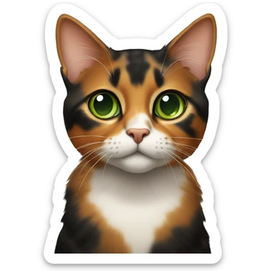 Cat with piercing green eyes, a sleek tortoiseshell coat of black and caramel hues, and an orange stripe down the nose. sticker