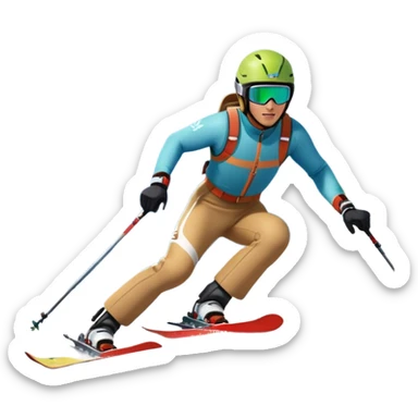 An icon featuring a skier racing down a snow-covered slope, surrounded by snowy peaks, pine trees, and a picturesque mountain landscape. The sky is blue with soft clouds, capturing the thrill and beauty of alpine skiing. Transparent background highlights the excitement and serenity of winter sports. sticker