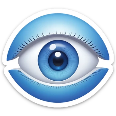 white capital letter O inside almond-shaped gradient eye with silver curved accents on both sides, on circular blue background, symbolizing vision and clarity sticker