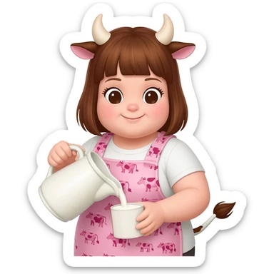 chubby pretty girl with cow horns and cow ears and cow tail in cute apron with pink cow print and ribbons pours milk sticker