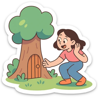wooden door embedded in a tree, secret forest hideout vibe, pastel toon style sticker
