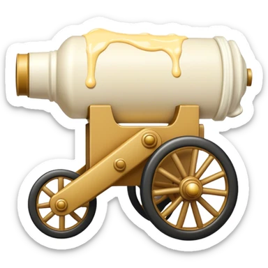 Cannon on wheels that has some mayonnaise dropping out of the front sticker
