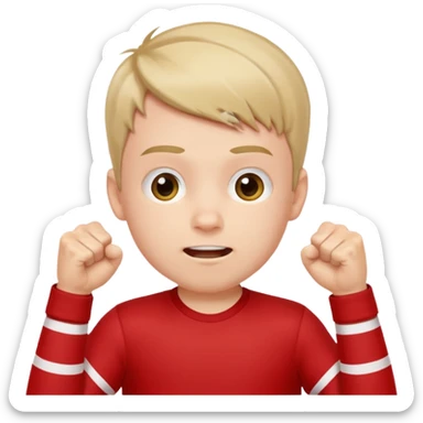 A boy with stripes across his cheeks, raising his fists in excitement. sticker