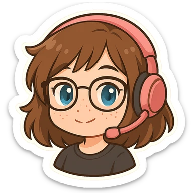 Chibi woman with shoulder length choppy brown hair, pink gaming headset, freckles, glasses, and blue eyes, happy expression, chibi stickers style, no background. sticker