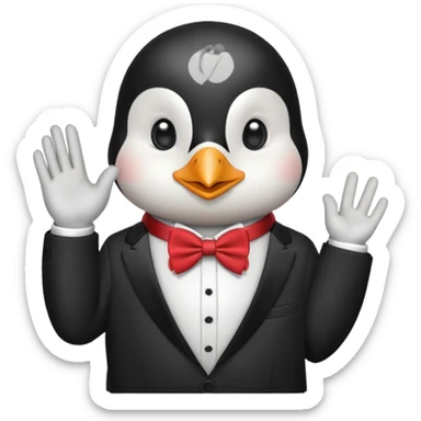 Un pinguino con una pajarita roja haciendo el gesto con la mano abierta de cumplir una promesa sticker