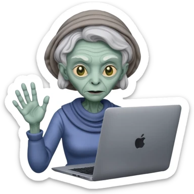 old lady alien with only gaming laptop. sticker
