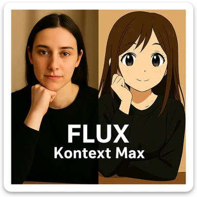 same similar image but chnage the text to "Flux Kontext Max", change people and pose too sticker