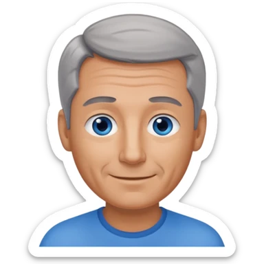 Middle aged man with tanned skin, receding dark grey hair and no beard, blue eyes, shy smile sticker