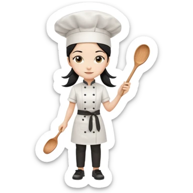
A beautiful girl wears a white chef's uniform. Her long, straight black hair is styled in a ponytail. She wears a white chef's hat and holds a wooden cooking spoon. She is standing and wearing black shoes. The illustration style is 2D realistic.. sticker