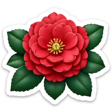 Traditional red camellia japonica (tsubaki) flower with perfectly symmetrical layered petals and glossy dark green leaves sticker