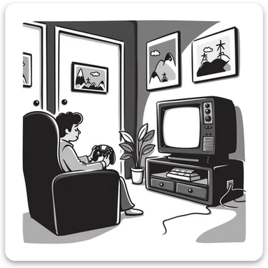 A retro gamer room with pixel posters and a console hooked to a tube TV sticker