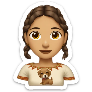 Woman wearing Yucatec huipil with brown puppy sticker