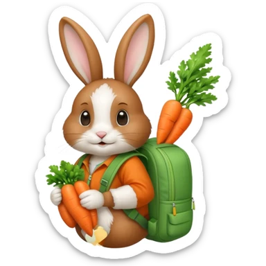 A brown & white, bunny with a green backpack, holding a carrot sticker