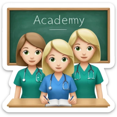 3 different nurses, wearing green and blue work clothes, in a classroom, "Academy" written in white on board sticker
