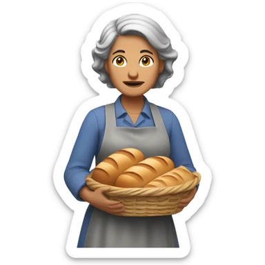 "A middle-aged woman with tired eyes, graying hair tied back, and a warm but worried look. She wears a simple dress with an apron, holding a loaf of bread or basket in a modest kitchen." sticker