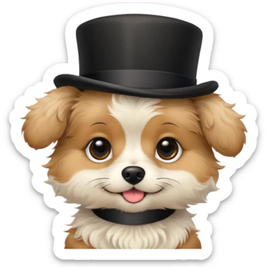 cute small dog with plain light tan fur, black nose, black round eyes, curly fluffy medium length hair, wearing a top hat sticker