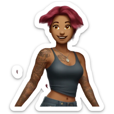 Beautiful tattooed burgundy long haired woman dancing sticker