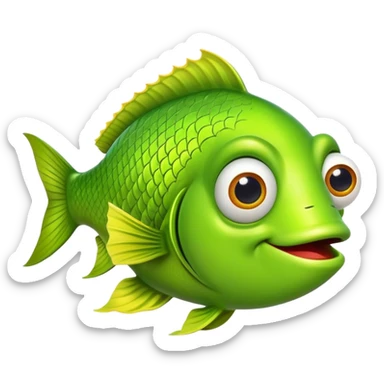 extremely goofy bright lime green fish with huge bulging eye and dopey smile, looking incredibly stupid and friendly, perfect flat side profile facing right, exactly 90 degrees, one eye visible sticker