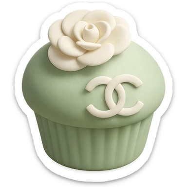pastel green Chanel cupcake with a white camellia flower and edible logo, delicate and elegant sticker
