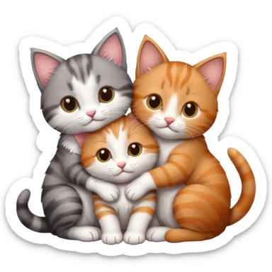 3 kittens cuddling together all different colours, the first one is grey and white, the second is ginger and white and the third is brown tabby and white sticker