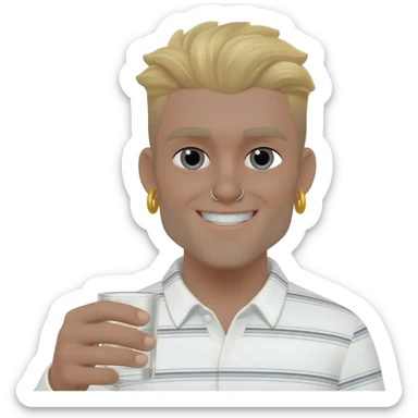 a blonde guy with septum horizontal stripe shirt and earings with a smile drinking a shot sticker