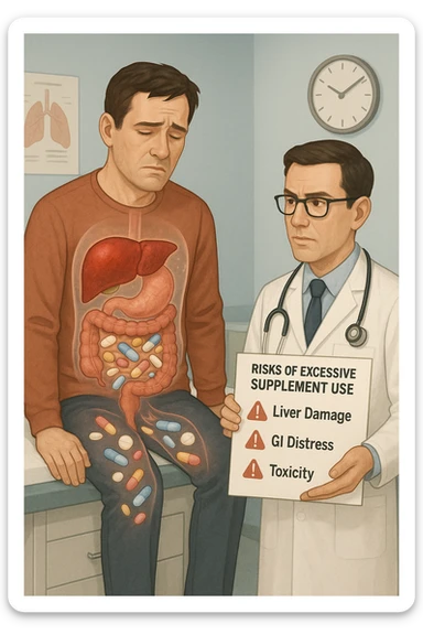 a man sits on a doctor’s examination table, looking fatigued and uncomfortable. A transparent anatomical overlay reveals his liver and intestines, both appearing inflamed and congested, with stylized supplement capsules and pills scattered throughout the digestive tract. The doctor stands nearby, holding a chart that highlights the risks of excessive supplement use. The mood is clinical and educational. sticker