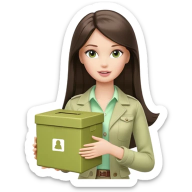 A white Barbie girl with long dark brown straight hair in pale olive clothes holds pale green box sticker