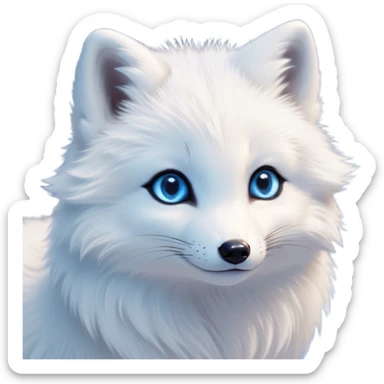 Cinematic Cute Arctic Fox Portrait Emoji, Head tilted playfully and inquisitively, featuring a silky, pure white Fur with delicate hints of icy blue on the ears and muzzle, round, sparkling eyes filled with curious charm, Simplified yet irresistibly adorable features, highly detailed, glowing with a warm, friendly glow, high shine, affectionate and spirited, stylized with a touch of frosty whimsy, bright and endearing, soft glowing outline, capturing the essence of a mischievous yet loving arctic fox, so playful it feels like it could frolic out of the screen and into your arms! sticker