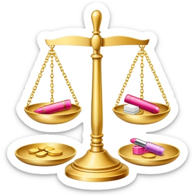 gold scale with dollars on one side and beauty products like lipstick, perfume, makeup on the other sticker
