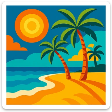 summer vibrant beach scene with palm trees sun and ocean colorful style sticker