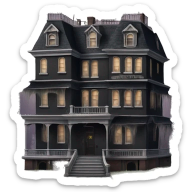 Dark dilapidated 8 story sprawling Haunted Addams manor hotel with attached garage  sticker