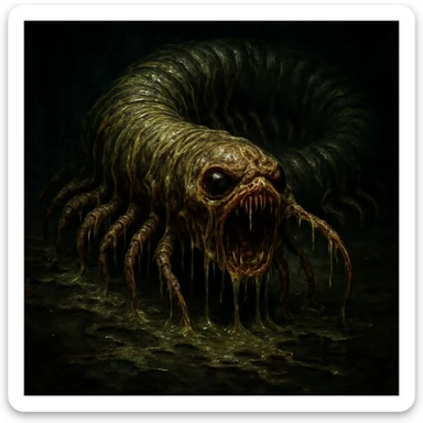 a revolting millipede, exaggerated features, oozing slime, horror style sticker