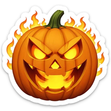 a scary pumpkin with claws and a dangerous face, emiting fire from its ears and hands sticker